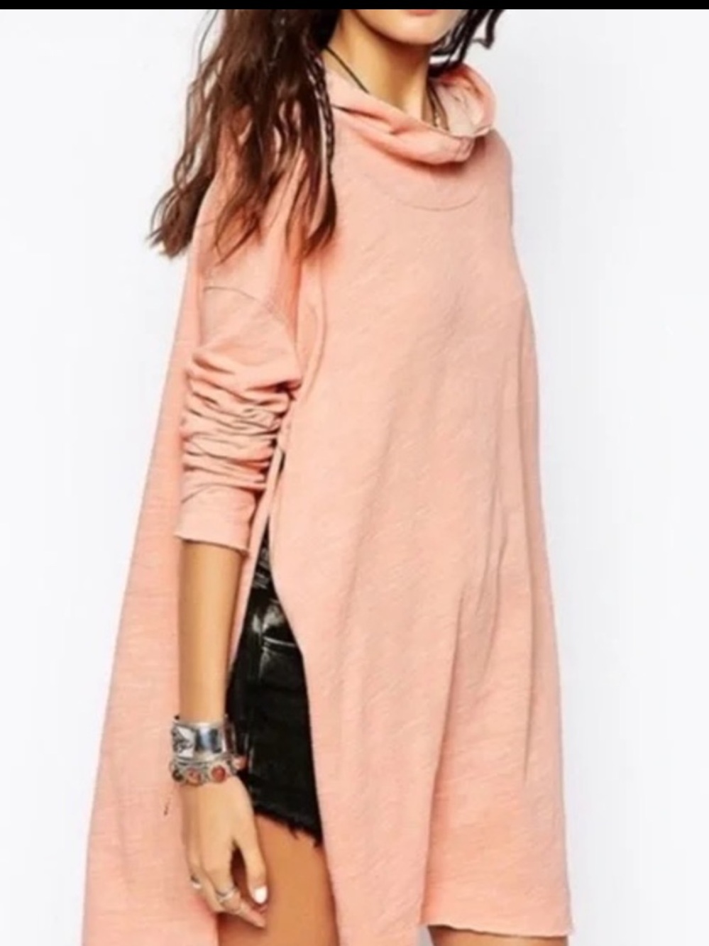 Free People Beach Cotton In a Hurry Hoodie Tunic Pink Sand OS